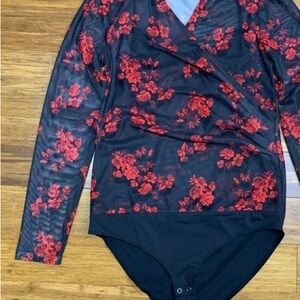 Tahari Black Mesh One-Piece Bodysuit with Red Floral Appliqué